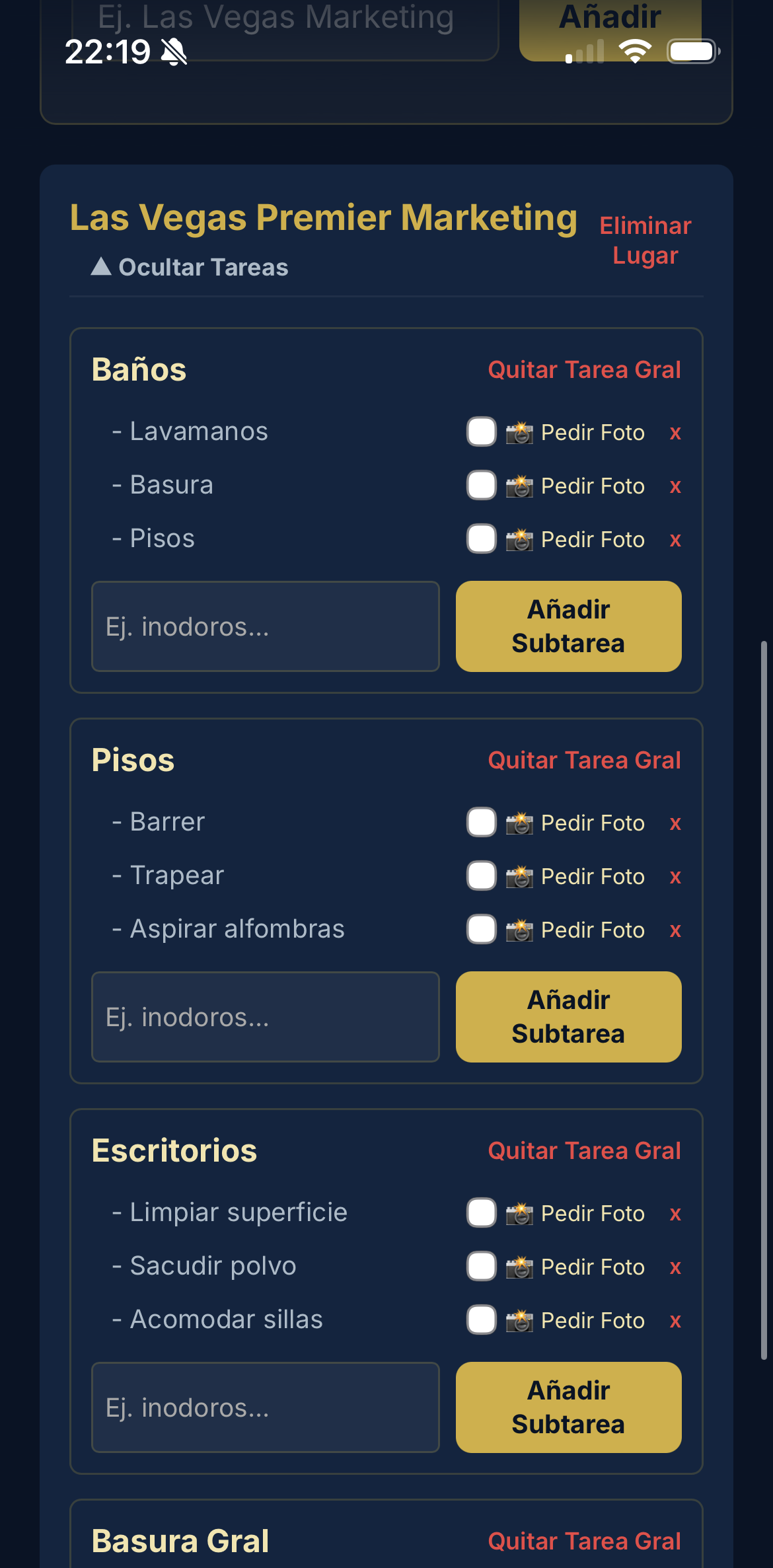 Admin task management setup panel